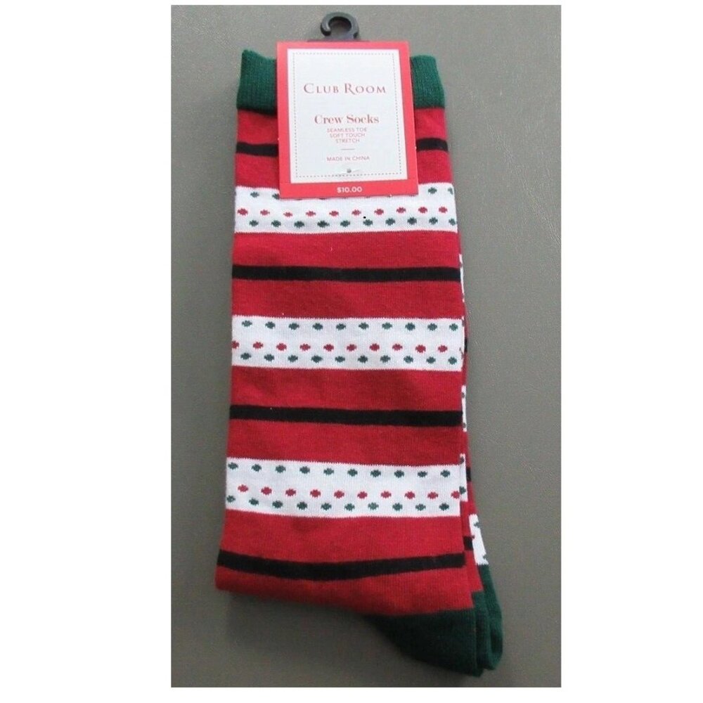 Club Room Men's 1-Pair Holiday Crew Socks, Red Multi Stripe, Shoe Size 7-12